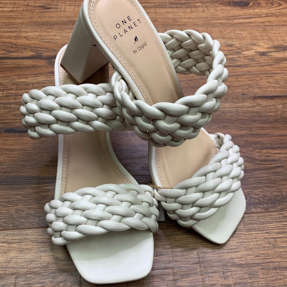 Qupid Braided Block Heel Sandals | Nude Slip On Heels